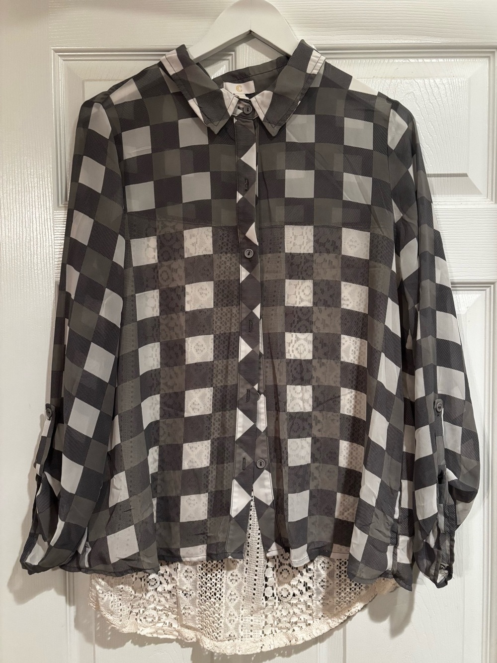 Charming Charlie Sheer Gray and White Check Button-Down Shirt with Lace Underlay